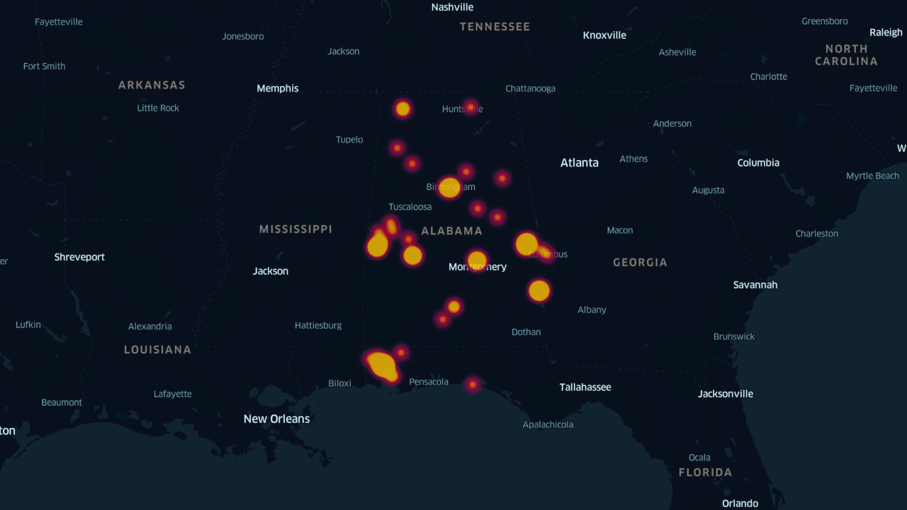 Heatmap in Kepler.gl, Interview Locations in Alabama, WPA Slave Narratives.