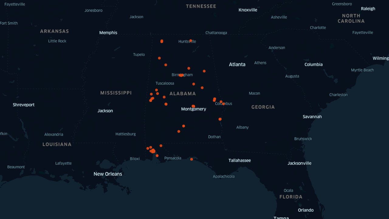 Simple point map in Kepler.gl, Interview Locations in Alabama, WPA Slave Narratives.