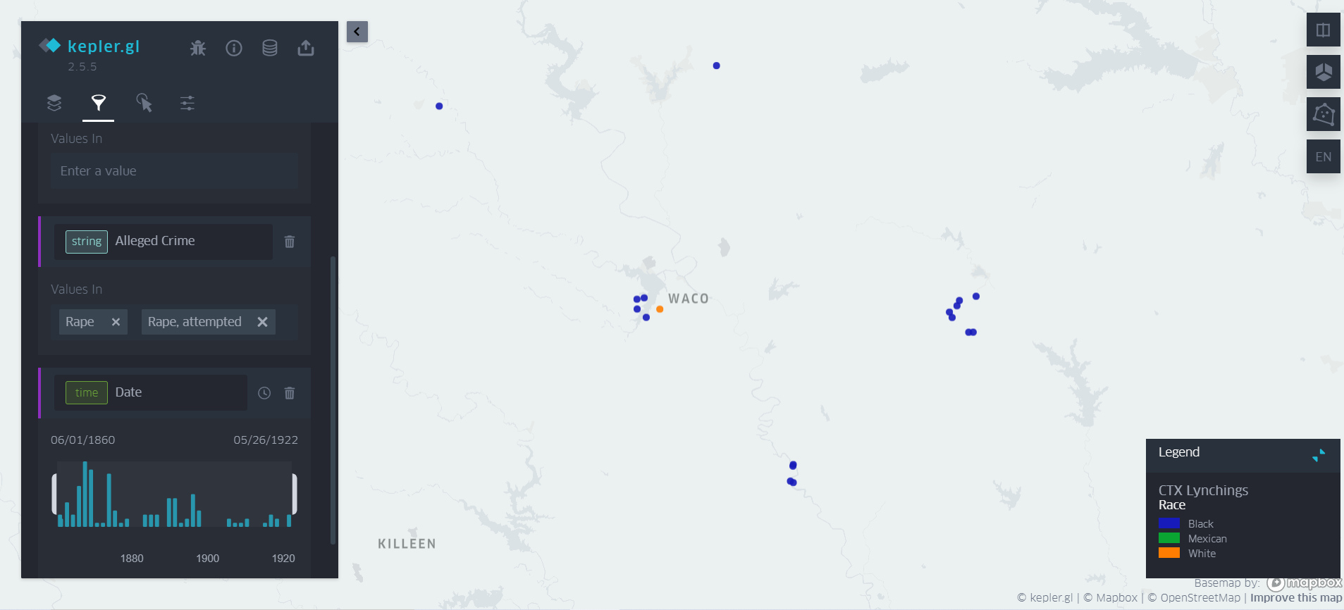 Screenshot of Central Texas Lynchings map with the alleged crime filter displaying victims who were lynched for rape and attempted rape.